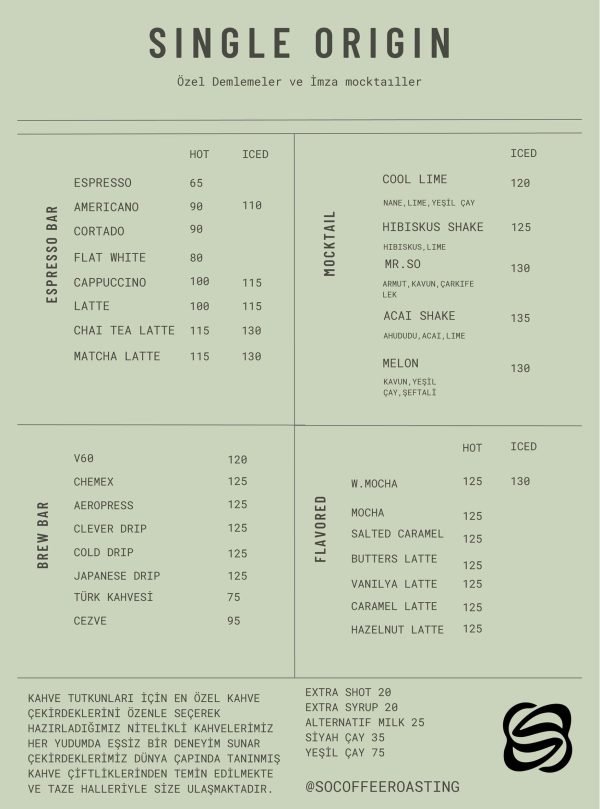 Single Origin Menu